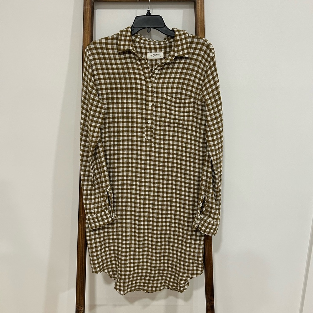 CJLA Brown and White Gingham Long Sleeve Dress